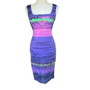 Karen Millen Multicolor Purple Painterly Signature Stretch Stripe Dress Size 4